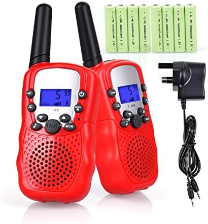 Fetoo 2pcs Kids Walkie Talkies Children Walky Talky 3 KM Long Range PMR446 0.5W 8 Channels VOX Built-in LED Torch Flashlight Toy 2 Way Radios (1 Pair) (with battery and UK charger Red)