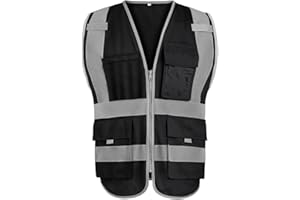 GOGO Chaleco de Seguridad Delantero de Alta Visibilidad con Cremallera con Tiras Reflectantes Cumple con Las Normas ANSI 9 Bolsillos Black XXL
