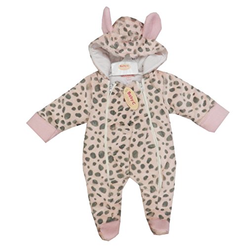 Baby Padded Style Soft Leopard Print All In One Snowsuit Pram suit (6-9 Months, Pink - Grey)