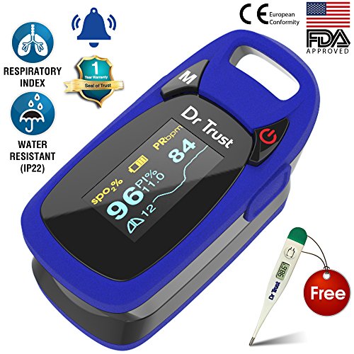 Dr Trust (USA) Professional Series Finger Tip Pulse Oximeter With Audio Visual Alarm and Respiratory Rate(Blue) RS.1599 (66.00% Off) - Amazon