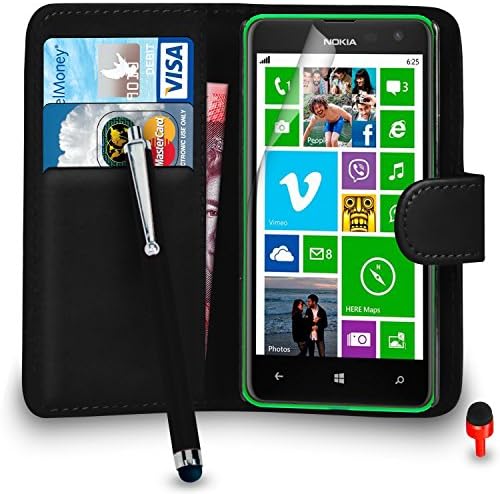Nokia Lumia 625 Case - Premium Leather BLACK Wallet Flip Case Cover Pouch with Big Touch Stylus Pen RED Dust Stopper Screen Protector &amp; Polishing Cloth SVL2, (WALLET BLACK)