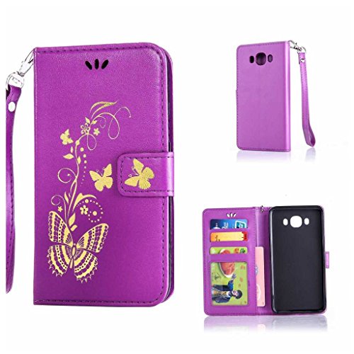 Galaxy J7 2016 Hülle Ledertasche [mit Frei Hartglas Displayschutzfolie], KKEIKO® Schutzhülle PU Leder Tasche Hülle Case für Samsung Galaxy J7 2016, Wickelfalz Handyhülle mit Bändselloch Standfunktion Karteneinschub und Magnetverschluss, Kratzfeste Lederhülle Flip Wallet (Violett #10)