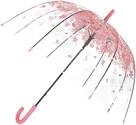 Lady Romantic Cherry Blossom Transparent Long Handle Umbrella Half-Automatic Cute Fresh Dome Princess Umbrella (Pink)