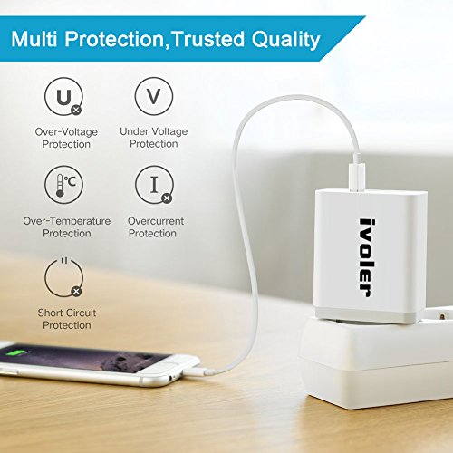 iVoler Caricatore da Muro (2.4A) con Cavo USB (1m) per Ricarica e Trasferimento Dati per iPhone X, 8, 8 Plus, 7, 7 Plus, 6s Plus, 6s, 6 Plus, 6, SE, 5s, 5c, 5, iPad mini / Air,iPod Nano / Touch, Caricabatterie USB Alimentatore Caricatore da Parete con Tecnologia di Ricarica Rapida Qsmart per iPhone, iPad, Samsung Galaxy, Huawei,ASUS, LG, HTC, Sony,Motorola,Tablet, Smartphone e gli altri dispositivi USB. - Bianco