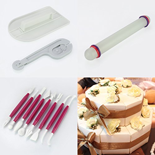 Auralum® 11-teilig Kuchendekorationswerkzeuge, Modellierset – Zuckerkunst, Torten-Set Modellierwerkzeug, Teigglätter/-messer/-roller für Torten, Kuchen und Deko (Rosa) - 6