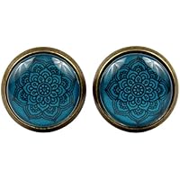 Ohrstecker Cabochon Mandala petrol bronzefarbende Fassung 12mm Handgemacht