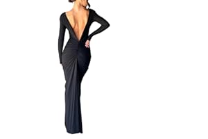 Loalirando Abito Lungo Donna Vestito Senza Schienale Donna Abito Elegante Manica Lunga Abito da Cerimonia Donna Abito da Festa Bodycon Abito Scollo a V Profondo Sera Cocktail