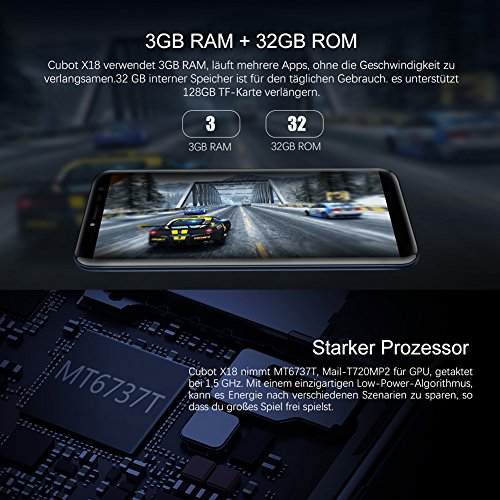 Cubot X18 4G Smartphone Ohne Vertrag (5.7 Zoll (19cm) IPS Touch Display Handy, RÃ¼ckseitenkamera 16MP (mit 1000mha LED Blitz), 13MP Frontkamera (weiches Licht selfie), 3GB RAM, 32GB Speicher, UnterstÃ¼tzung 128GB TF-Karte Expansion, 3200 mAh Batterie, Dual SIM Karten Dual Standby) Blau