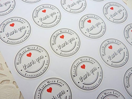 40 Round white paper stickers 'Handmade with love' 3.5 x 3.5cm