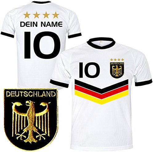 Deutschland Trikot mit GRATIS Wunschname + Nummer + Wappen Typ #DV günstig im EM / WM weiss – Geschenke für Kinder,Jungen,Baby,.. Fußball T-Shirt personalisiert als Weihnachtsgeschenk