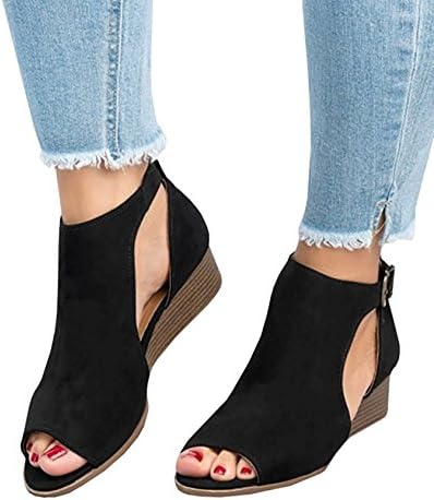 Shelers Women's Cut Out Espadrille Platform Wedge Sandals Ankle Strap Peep Toe Suede Shoes (EU39, Black)
