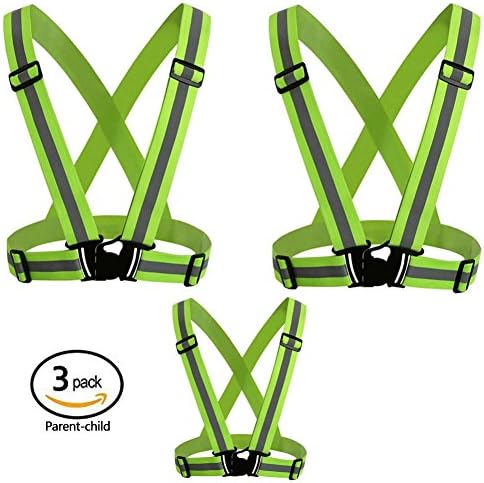 Reflective Gear [3 Pack] Running Vest with Hi Vis Bands Adjustable, Elastic Waist and High Visibility - Safety for Parents and Children Running, Jogging, Walking, Cycling, Dog-Walking - Neon Vest