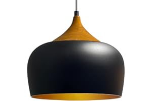 bamyum Suspension Luminaire Moderne en Bois et Metal, Lustre Salon Ronde de 30 cm, Lustre Cuisine E27 en Métal, Plafonnier, Lampe pour Chambre, Salle à Manger, Couloir, Noir