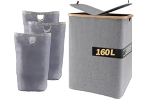 PotentForce Panier à Linge 160L avec Couvercle, Collecteur de Linge 2 Compartiments, Ouverture Bidirectionnelle, Corbeille à Linge Durable, Boîte de Rangement pour Vêtements (Gris)