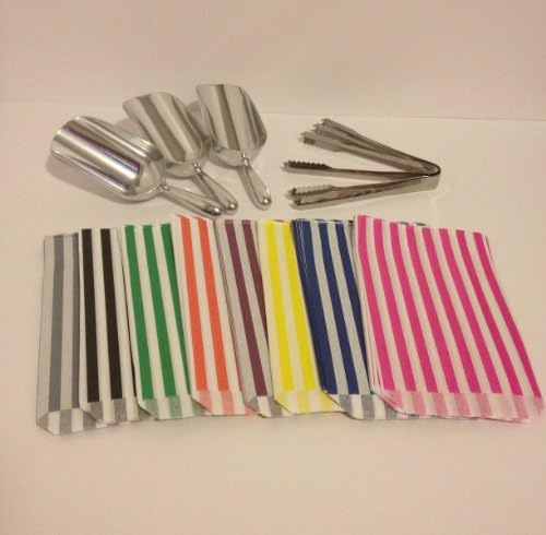 Wedding Sweet Table Kit x2 Scoops x2 Tongs & 100 Candy Stripe 5"x7" Sweet Bags (Choose Sweet Bag Colour: Pink Blue Purple Red Green Grey Black Yellow) Candy Bar Buffet (Purple)