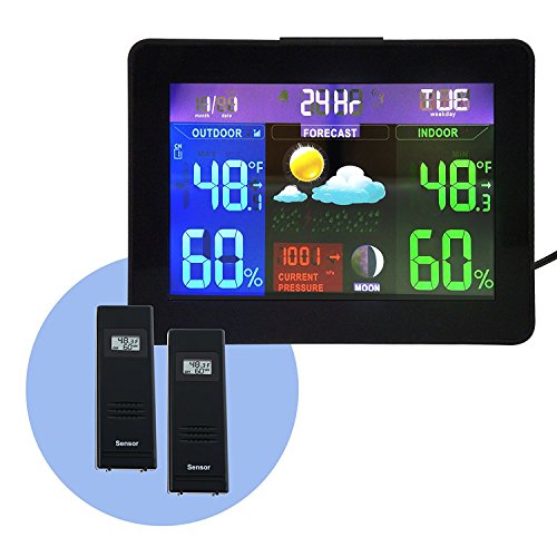2 Digitaler Wireless Sensor Farbe LED Funk Wetterstation Uhr Innen / Ausensensor 24 Std - Wettervorhersage Station Monitor Thermometer Luftfeuchtigkeit Barometrischer Druck RH% Temperatur Monitor RCC DCF mit Alarm- und Schlummerfunktion