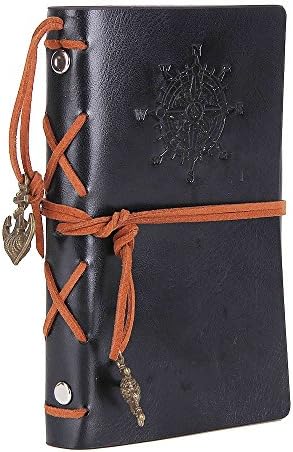Vintage Refillable Journey Diary, Art Premium PU Leather Classic Embossed Travel Journal Notebook with Retro Pendants (Dark Blue)