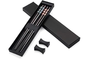 Haosell Lot de 2 paires de baguettes noires + 2 repose-baguettes naturelles en bois respectueux de l'environnement dans une boîte cadeau en bois noir baguettes chinoises