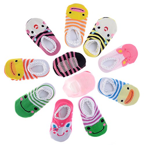 Pinksee Baby Infant Grils 5 Pairs Cotton Animal Stripes Anti Slip Booties Socks 0-18 months
