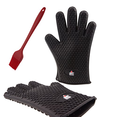 TheCook Silikon- Grillhandschuhe schwarz TheProtector, schützen die ganze Hand, bis +230 °C, 1 Paar Ofenhandschuhe, Silikon-Backpinsel und Metallhaken gratis, in eleganter Geschenkbox - 8