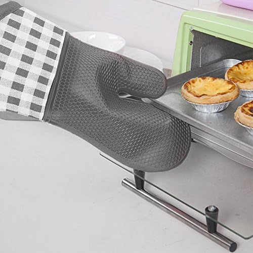 ASALON Silicone Oven Gloves Extra Long Non-slip Waterproof Heat Resistant Mitts with Cotton Protection for Kitchen Grilling Cooking and Baking - Grey