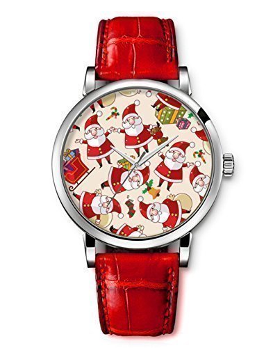 iCreat Damen Analog Armbanduhr Rot echte Leather Schnes Zifferblatt mit Frohe Weihnachten Weihnachtsmann