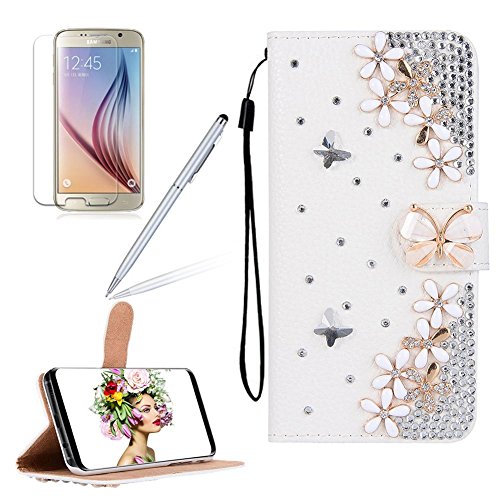 Preisvergleich Produktbild Girlyard für Samsung S9 Diamant Schmetterling Blumen Lederhülle, Bling Glitzer DIY Crystal Schutzhülle Luxus Premium PU Flip Case mit Lanyard Strap Standfunktion Kartenfach Magnetverschluss Etui für Samsung Galaxy S9