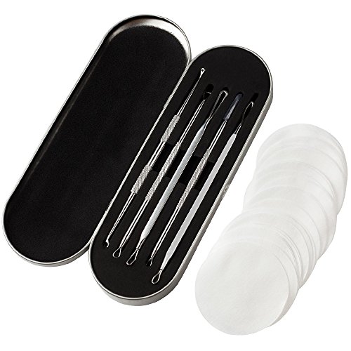 Anpro 5 Stück Mitesserentferner mit 50 Stück Wattepads, Komedonenquetscher Set aus Edelstahl, Nagelhautschieber Werkzeug für Pickel, Whiteheads, Akne - 2