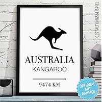 AUSTRALIA - KANGAROO mit individueller Entfernungsangabe und Wunschtext - Rahmen optional - personalisiertes Wand-Bild - Geschenk Geburtstag Jahrestag Gastgeschenk Hochzeitstag Au pair