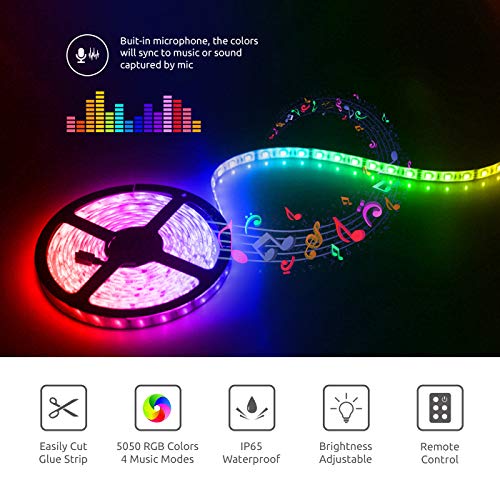 Color Music LED Strip Lights Built-in Built-in Mic,EULOCA 16.4ft/5M Waterproof Sync to Music Waterproof RGB Rope Light with IR Remote Control, 12V 5050 RGB Flexible Strip Lighting
