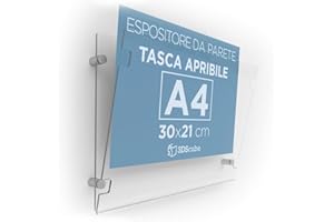 3DScube Cartella in plexiglass da parete a tasca apribile, porta avvisi e depliant formato A4 orizzontale 30x21 cm, completa di distanziali in alluminio (1 pezzo)