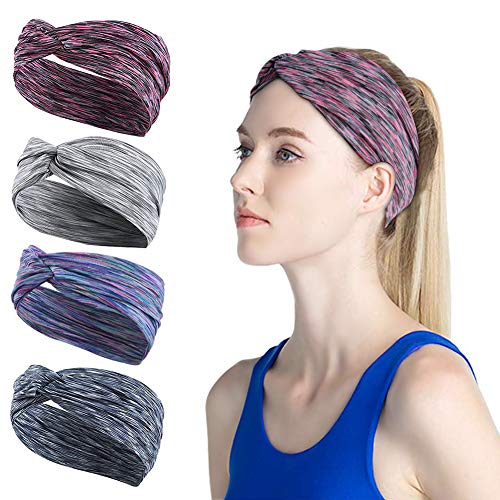 Paquete de 4 Mujeres Deportes Diadema antideslizante Deportes elásticos Diadema Deportes Wicking Diadema Viene con Diseño cruzado Mujeres Sudor Absorbente de humedad para yoga, Equitación, Baloncesto