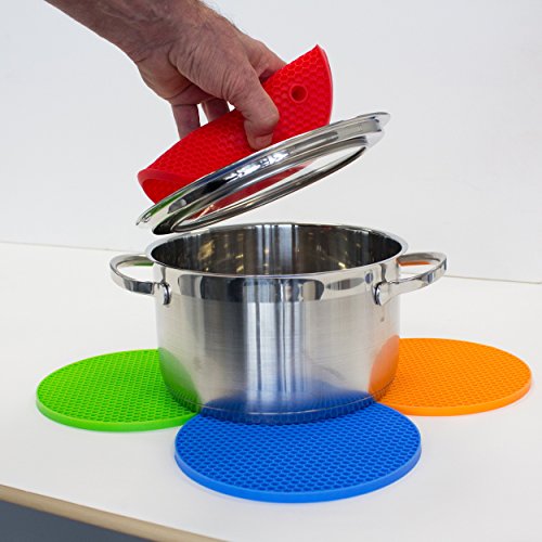 Oxid7® Topfuntersetzer Topflappen 4er Set Silikon hitzebeständig bis zu 230°C spülmaschinenfest bunt (Blau, Rot, Grün und Orange) - 3