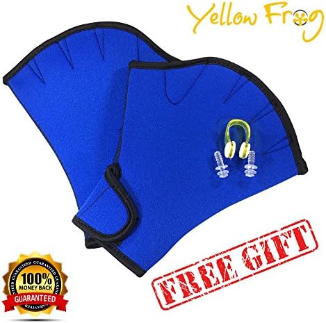 Yellow Frog Swimming Gloves With FREE GIFTS - Webbed Finger Mitts Plus FREE Ear Plugs &amp; Nose Clip - Blue &amp; Black - Great For Resistance Training, Swimming, Triathlon, Water Aerobics, Aqua Fit, Training Aid (1 Pair - Sizes S/M/L - Easy Sizing)