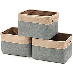 EZOWare Boîte de Rangement Pliable en Lin avec Les poignées, Panier de Rangement, Rangement de Qualité - Pack de 3 - Marron/Gris