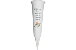 WIDDLE GIFTS Memorial Grave Flower Pot - 33cm tall Sturdy White Memorial Graveside Flower Vase with Spike and Robin Image (Special Dad 8705)