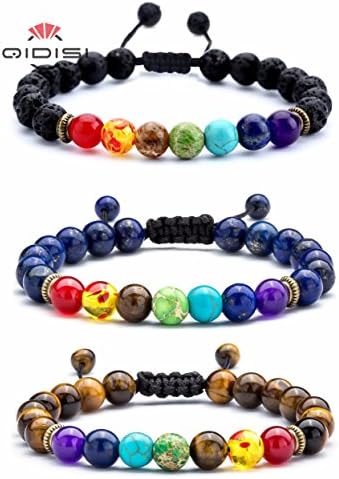 Men Women 8mm Lava Rock 7 Chakras Diffuser Bracelet Braided Rope Natural Stone Yoga Beads Bracelet Bangle (3 Pcs Set)
