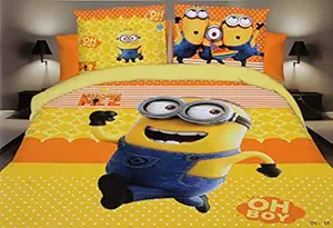 Linoy Enterprises 220 TC Glace Cotton Kids Printed Double Bedsheet, 1 bedsheet with 2 Pillow Covers (Multicolour, 90 x 100 Inch) - Oh Boy Minion