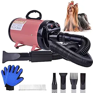 Dog Dryer, High Velocity Dog Hair Dryer, Dog Blow Dryer - 2400W Pet Blower Grooming Force Dryer with Heater, Stepless Adjustable Speed, 4 Different Nozzles, Comb & Pet Grooming Glove (Pink)