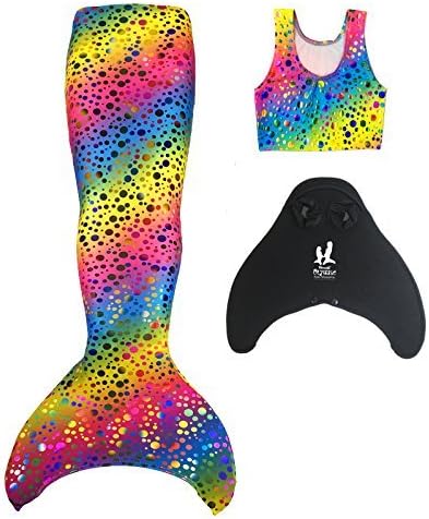 Uramermaid 3pcs Olympic Mermaid Tail For Swimming. Includes the Olympic Mermaid Monofin and Matching Tankini Crop Top (6-7, Rainbow Bubbles)