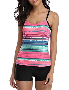 CharmLeaks Damen Bunt Figurumspielendes Tankini Mit Hotpants Flacher Bauch Streifen Badeanzug