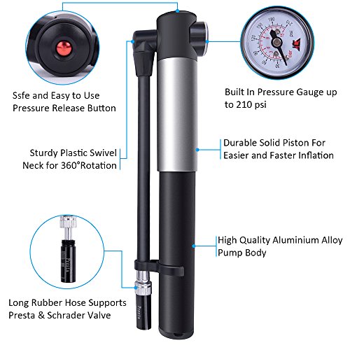 WOLFWILL tragbar Fahrrad Luftpumpe Mini Pumpe mit Manometer 210 PSI Gauge - 4