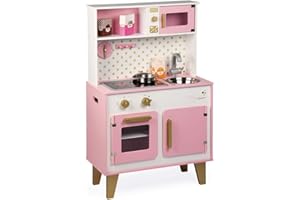 Janod - Candy Chic Big Wooden Cooker for Children - Equipped with Fridge and Microwave, Sound and Light - Pretend Play - 6 Accessories Included - For children from the Age of 3, J06554, Pink and White