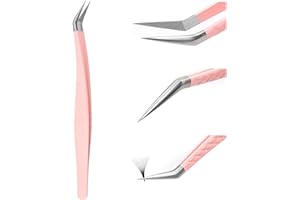 ‎FADVAN Unabhängige Pinzette Wimpernverlängerung, Rosa Edelstahl Gebogene Spitze Professionelle Wimpern Pinzette Gestreift FADVAN(Feather Form)