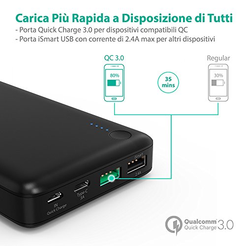 Quick Charge 3.0 Caricatore Portatile 20100mAh Type C RAVPower Caricabatterie [Qualcomm Certificato] Quick Charge 3.0 Porta USB-C / Type-C Per iPhone, Samsung, ASUS, LG, HTC, Nintendo Switch, ecc