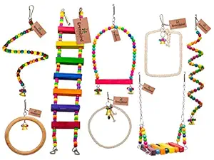 GREENBIRDS Combo of Colorful Wooden Swing, Bird Ladder, 3 Beautiful Ring Perches & 2 Spiral Hangings Birds Toys Natural Wood Parrot Toys Cage Accessories Resting Toy for Bird Parrot