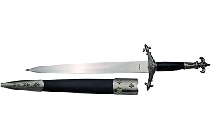 AMONT Dolch Mittelalterlich Flor de lis 15268-1, Knopf und Nickelschutz, schwarzer Griff, Gesamtgröße 39 cm mit Stahlklinge, Schwarze Scheide