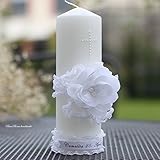 Taufkerze Kommunionkerze Kerze zur Taufe weiss mit Perlen Blume Handarbeit binnbonn