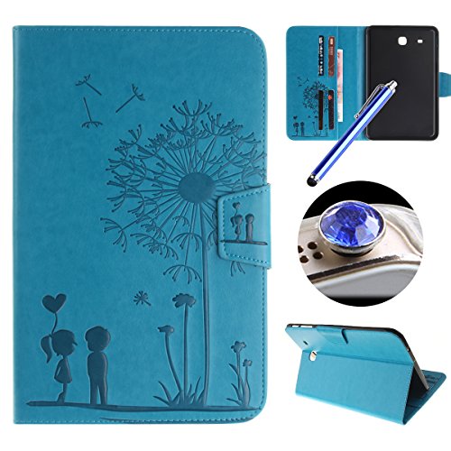 Etsue Hülle Case Tasche für Samsung Galaxy Tab E 9.6 SM-T560 Ledertasche Hülle, Löwenzahn Blume Liebe Paar Prägung Muser für Samsung Galaxy Tab E 9.6 SM-T560 Ultra Slim PU Leder hüllen Smart Cover Flip Case Wallet Cover Schutz Hülle Etui Schale Weich TPU Innere Magnetverschluss und Standfunktion Kartenfächer für Samsung Galaxy Tab E 9.6 SM-T560 + 1x Glitzer Staub Stecker + 1x Blau Eingabestift-Blau