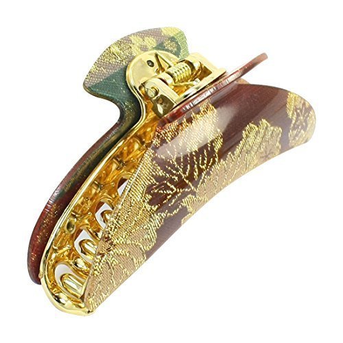 Women Dark Brown 4.3" Long Glittery Florals Print Bath Hair Claw Clip